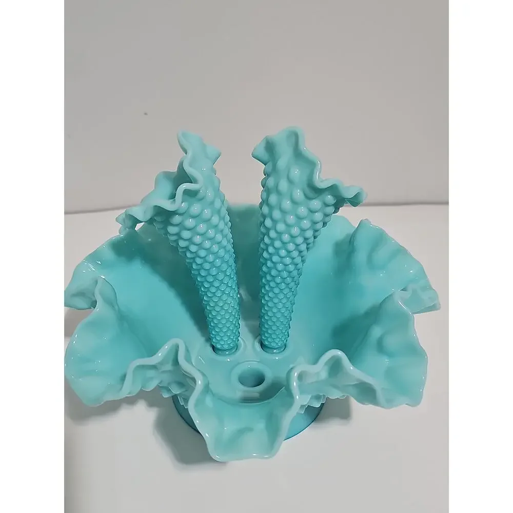 Fenton Aqua Milk Glass Three Horn Hobnail Epergne Vase/Bowl Mint Condition